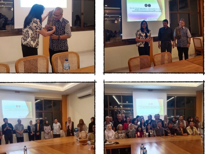 dr.Aniken Mitak sedang mengalungkan selendang kepada Wakil Rektor V UB, Prof. Dr. Unti Ludigdo, SE., M.Si, Ak (kiri/atas). Prof.Unti dan Prof.Ir.Arifin Noor Sugiharto, MSc.,P.hD bersama dr.Aniken Mitak. Foto: SK/JN