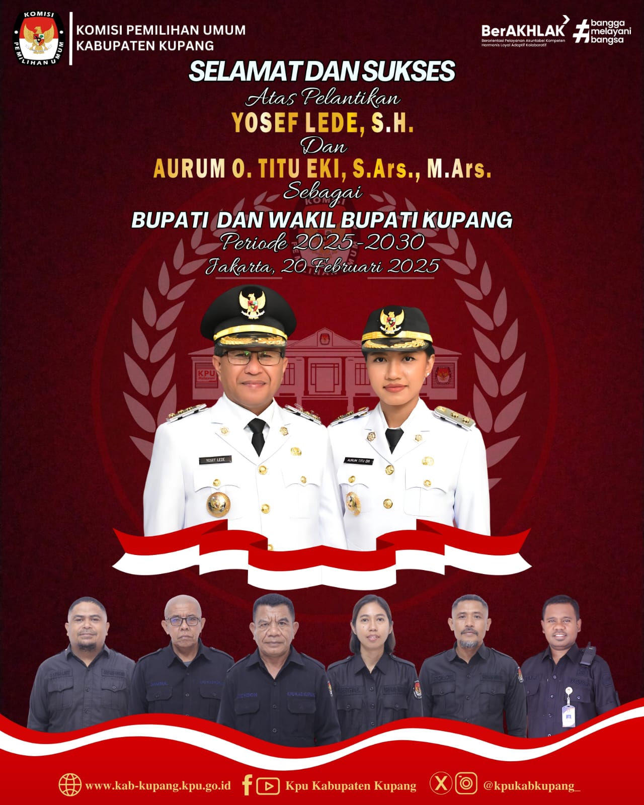 Komisi Pemilihan Umum Kabupaten Kupang Mengucapkan Selamat Atas Pelantikan Bupati dan Wakil Bupati Kupang Periode 2025-2030, Yosef Lede, SH – Aurum Obe Titu Eki, S.Ars.,M.Ars